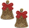 Christmas Gold Seed Bead with Red Bow 2" Earring