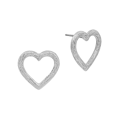 Worn Silver Textured Open Heart Stud Earring