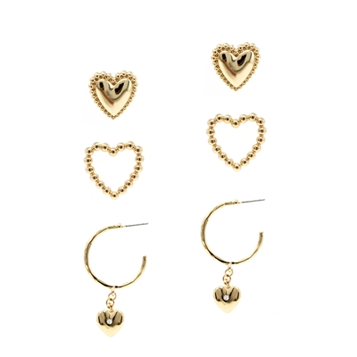 Gold Set of 3 Heart Stud and Hoop  Earrings