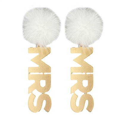 Gold Metal MRS with White Pompom 2" Drop Earring