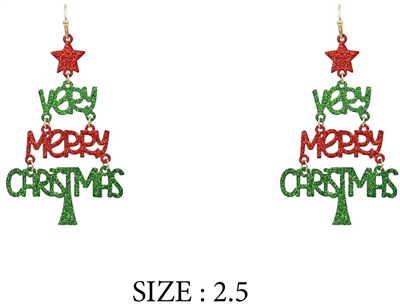 Green and Red Very Merry Christmas Drop 2.5" Earring