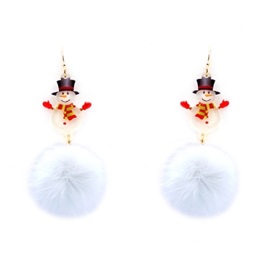 White Acrylic Snowman with Pom Pom 2" Earring