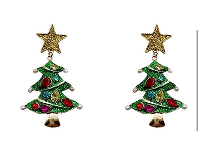 Green Epoxy Christmas Tree with Red and Gold Accents 2" Earrings