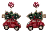 Red Car with Christmas Tree Seed Beaded 3" Earring
