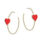 Red Enamel Heart on Gold Hoop 2" Earring