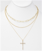 Gold Triple Layer with Rhinestone Cross 16"-18" Necklace