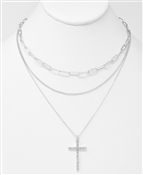 Silver Triple Layer with Rhinestone Cross 16"-18" Necklace