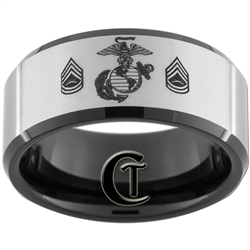 10mm Black Beveled Satin Finish Tungsten Carbide Marines Eagle Globe and Anchor & Gunnery Sergeant Design Ring.