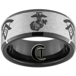 10mm Black Beveled Tungsten Carbide Stone Finished Marines & Masonic Ring Design.