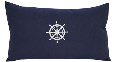 Nantucket Bound Sunbrella Outdoor Indoor Pillow in Navy with Embroidered Ship's Wheel | Nantucket Bound