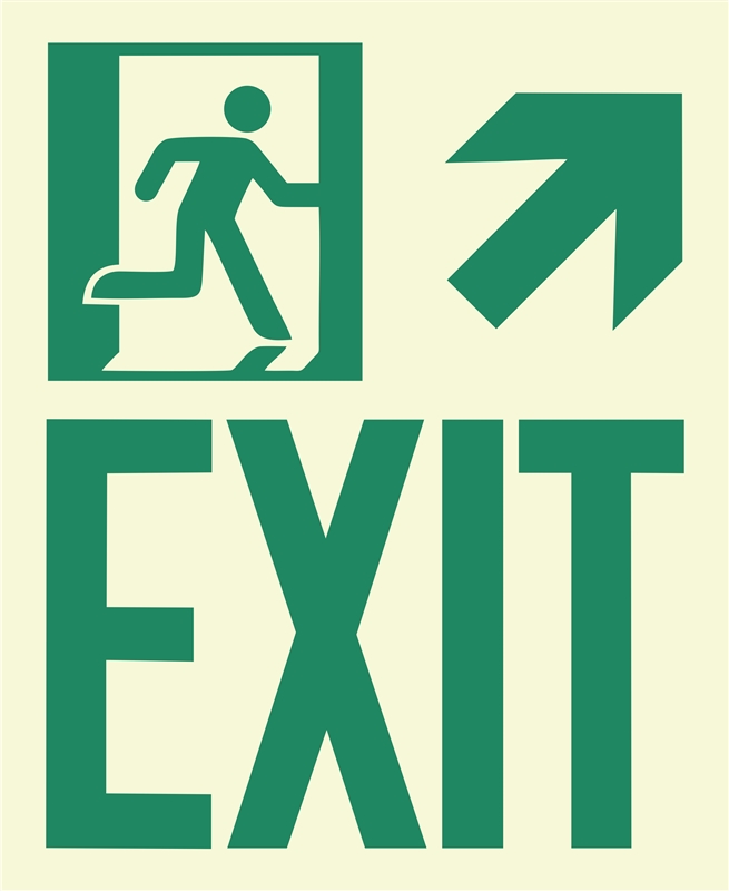 Photoluminescent Running Man Exit Sign, Top Right Arrow