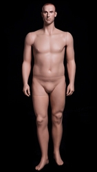 Molded Hair Middle-Aged Realistic Fiberglass Male Mannequin from www.zingdisplay.com.  Standing pose with arms at his side