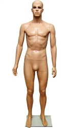 Realistic Fiberglass Male Mannequin from www.zingdisplay.com.  Standing pose with arms at his side. Durable plastic ideal for trade shows or busy showrooms.