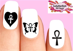 Ankh Egyptian Breath of Life heart Butterfly Assorted Set of 20 Waterslide Nail Decals