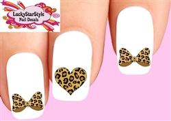 Leopard Heart & Bow Assorted Set of 20 Waterslide Nail Decals