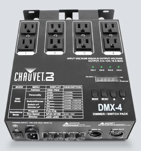 Chauvet 4-Channel Dimmer and Relay Pack | 16 Chase Patterns | DMX-4