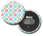 Lenticular magnetic bottle opener with red, blue, and green spinning wheels, animation