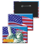 Lenticular button with Statue of Liberty and American flag, flip