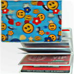 Lenticular credit card ID holder with happy faces, stars, clouds, and space ships, depth