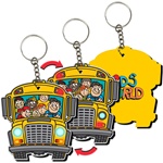 Lenticular foam key chain with school bus shaped, yellow with flashing hazard lights and bouncing kids, flip