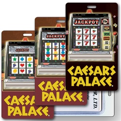 Lenticular luggage tag with Las Vegas casino slot machine spins reels for a jackpot, animation