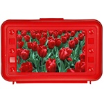 Lenticular pencil box with custom design, red hard plastic, dozen red pungent roses growing in a spring field, depth