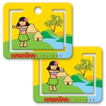 Lenticular paper clip with cute tropical Hawaiian hula girl dancing in front of a straw hut and palm tree, flip