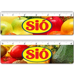 Lenticular ruler with potpurri of grocery fruits such as apples, avacados, oranges, papaya, and bananas, flip