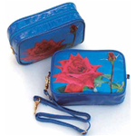 Lenticular zipper purse with custom design, bright pungent red rose sitting near a water lily pond, flip
