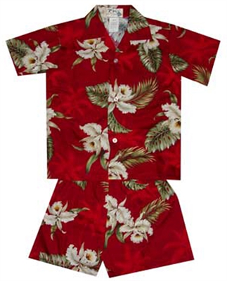 Boys red cabana set with white orchid flowers and green leaf in a allover print