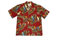 Mens red Aloha shirt with multicolor parrots perched on leafs