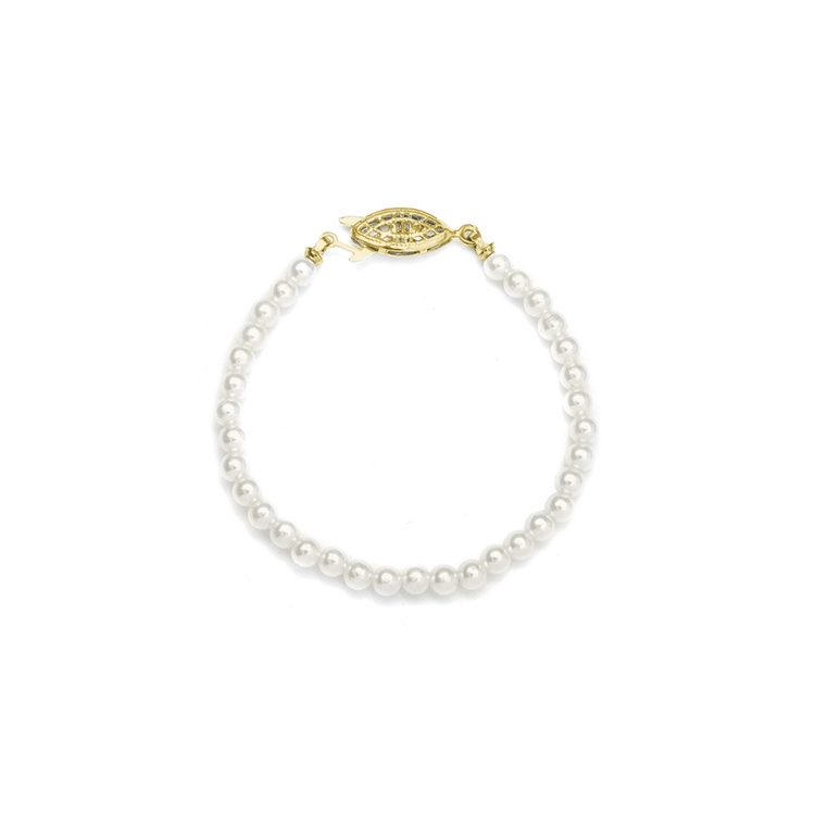 Single Strand Petite 4mm Pearl Wedding Bracelet - 6"/Ivory/Gold<br>228B-6-I-G