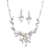 Genuine Freshwater Pearls and CZ Leaves Statement Necklace and Earrings Set<br>3041S