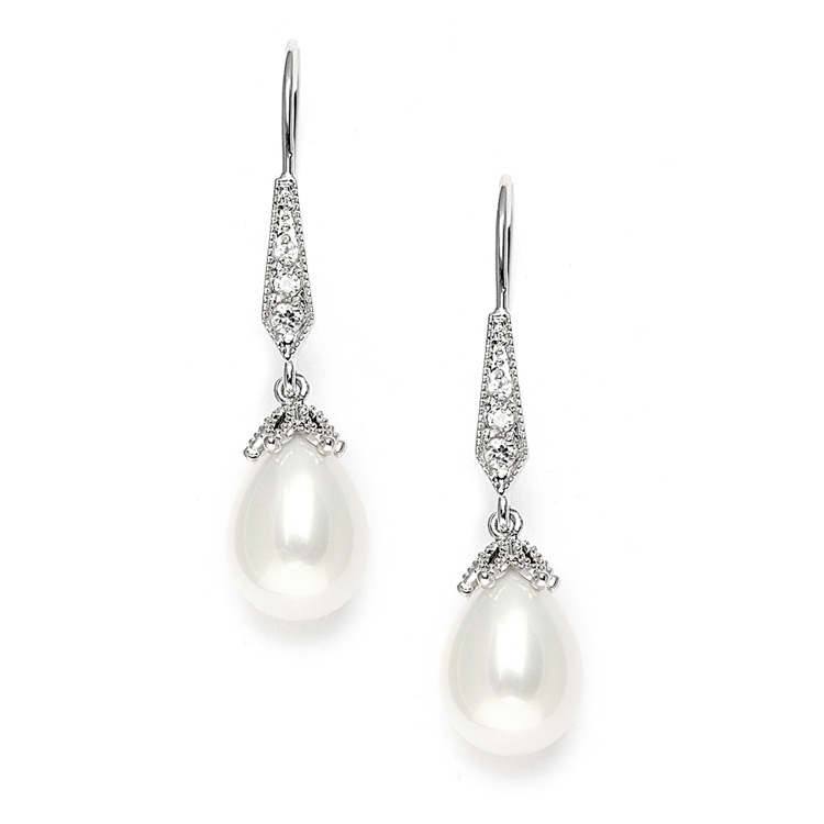 Vintage French Wire Wedding Earrings with Pearl Teardrops with CZ Pave<br>3777E