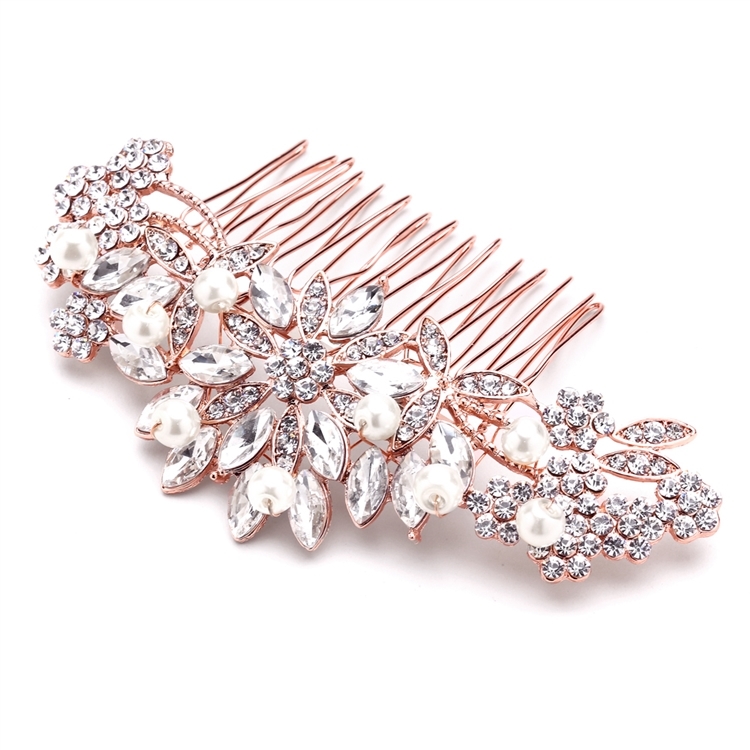 Rose Gold Hair Comb with Pearls, Crystals & Lucite Sunburst for Wedding or Prom<br>4047HC-RG