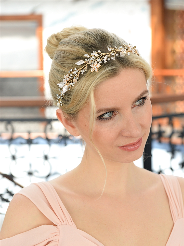 Boho Style Bridal Headband with Hand-Wrought Gold Wire and Silvery Painted Leaves<br>4384HB-I-G