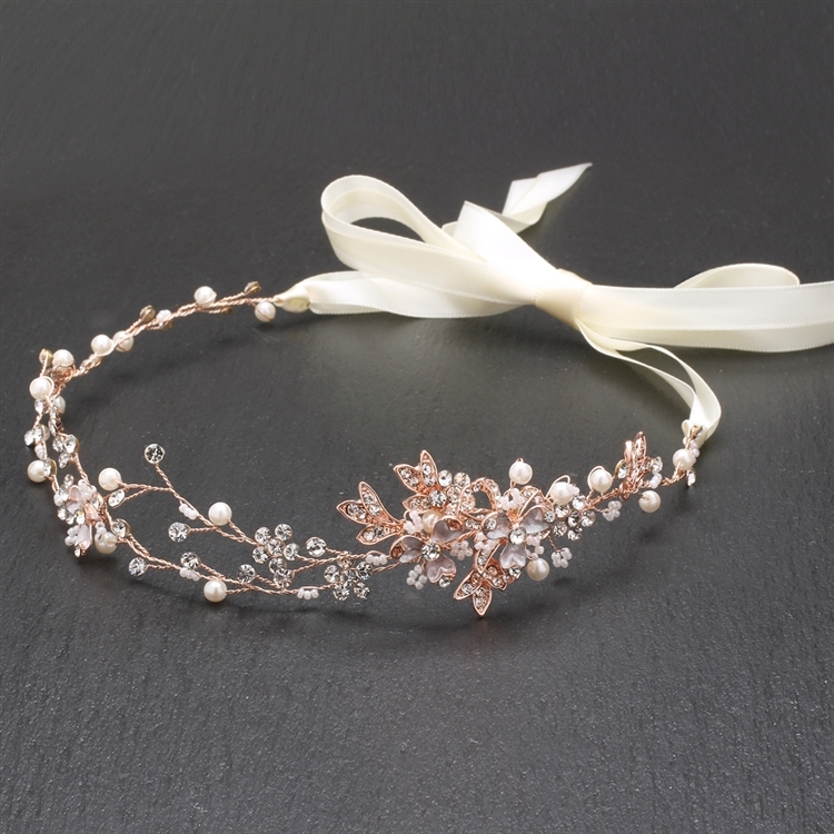 Best-Selling Handmade Bridal Headband with Painted Rose Gold Vines<br>4386HB-I-RG