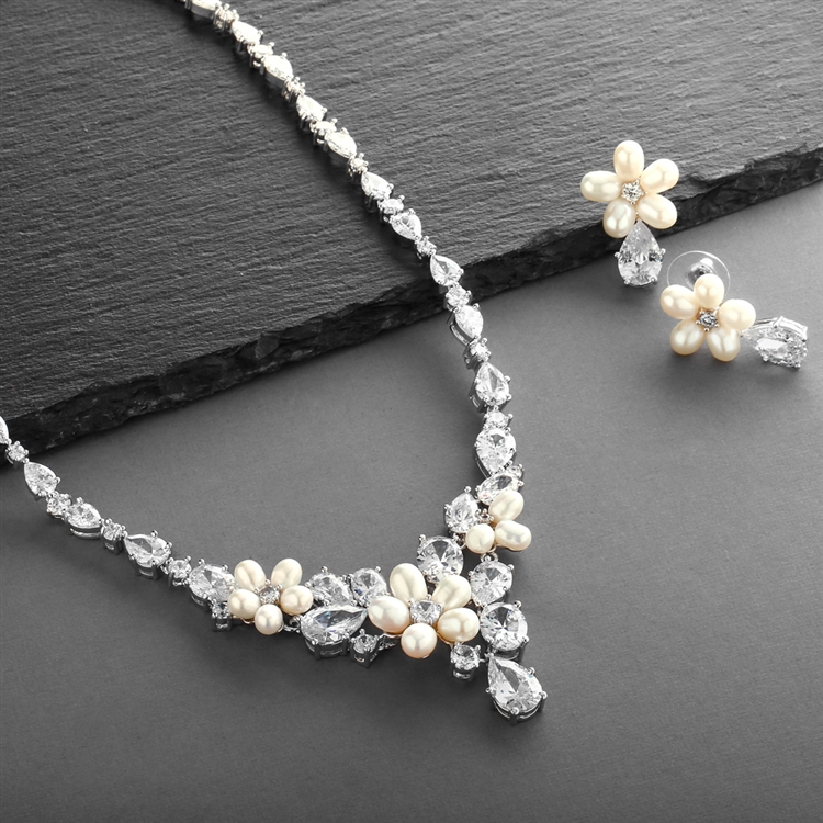 Luxurious Freshwater Pearl and CZ Statement Necklace and Earrings Set for Brides<br>4430S-I-S