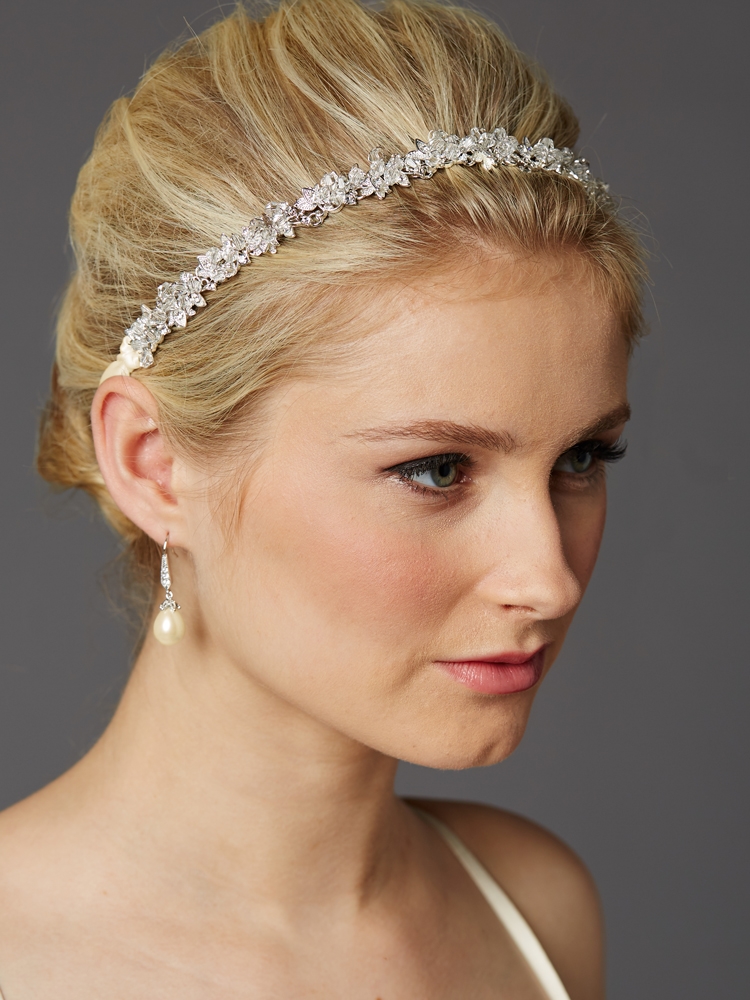 Slender Bridal Headband with Hand-wired Crystal Clusters and Ivory Ribbons<br>4431HB-I