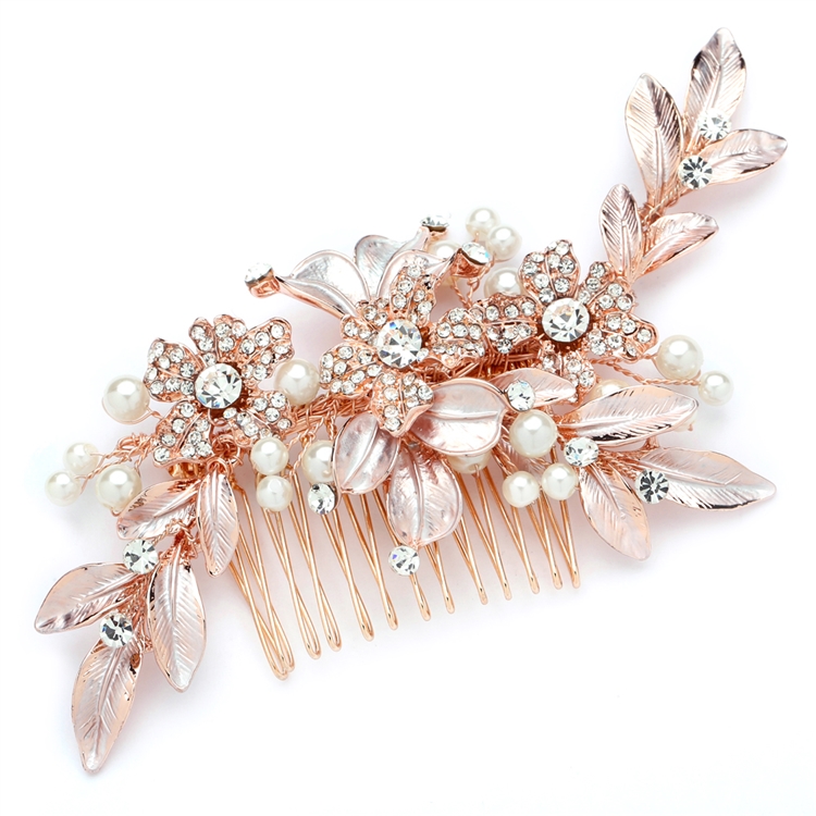 Designer Bridal Hair Comb with Hand Painted Rose Gold Leaves and Pave Crystals<br>4437HC-I-RG