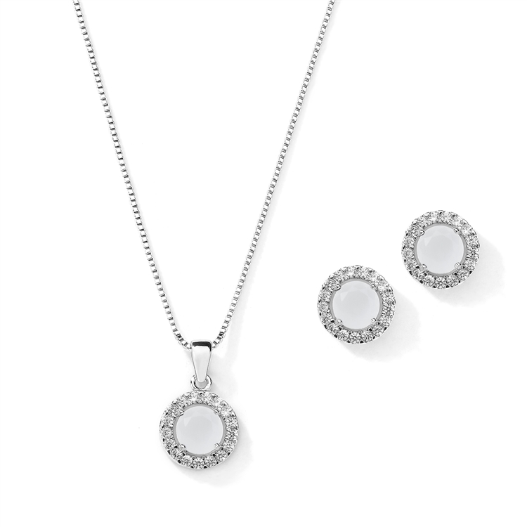 Cubic Zirconia Round Shape Halo Necklace and Stud Earrings Set - White Opal<br>4552S-WH