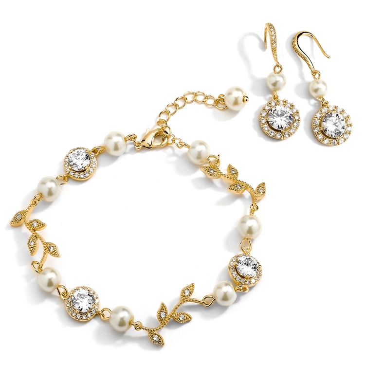 Ivory Pearl and Cubic Zirconia Bridal Bracelet and Earrings Set in 14K Gold<br>4589BS-I-G