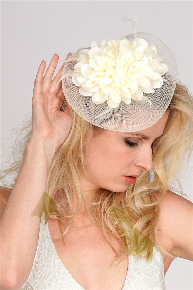 Ivory Bridal Cocktail Hat with Flower Petals, Organza Bow & Feathers<br>4593H-IV