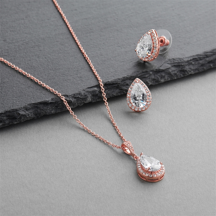 Rose Gold CZ Pear-Shape Wedding Necklace & Earrings Jewelry Set<br>4600S-RG