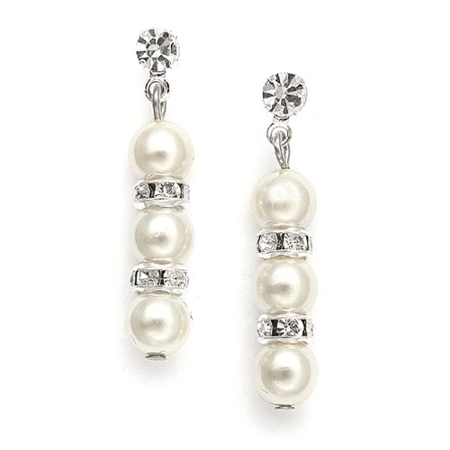 Alternating Pearl and Rondelle Wedding Earrings - White - Clip<br>709EC-W-S