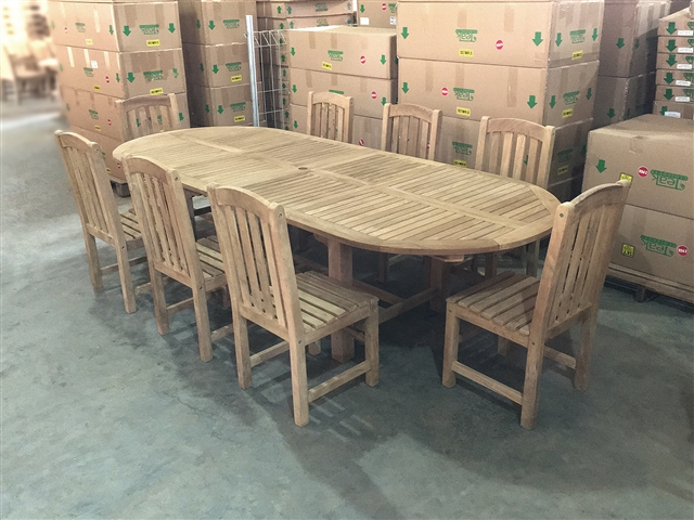 Eden Oval Double Extension Teak Table 200cm Regular To 300cm w/ Extension x 120cm Width Set w/ 8 Cardiff Dining Chairs