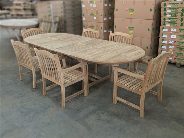 Eden Oval Double Extension Teak Table 200cm Regular To 300cm w/ Extension x 120cm Width Set w/ 6 Sumbawa Arm Chairs