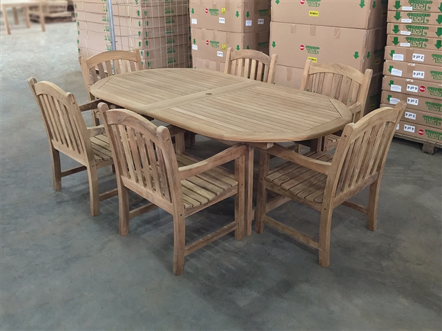 Kalimantan Oval Double Extension Teak Table 220cm Regular To 300cm w/ Extension x 120cm Width Set w/ 6 St. Croix Arm Chairs