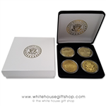 Coins, World War II Memorial, Vietnam Memorial, & Pentagon, Great Seal on Reverse of Coins, 4 Coin Set, Black Velvet Display and Presentation Case, Front of Coins are Displayed, Gold Plated, 1.5" Diameter