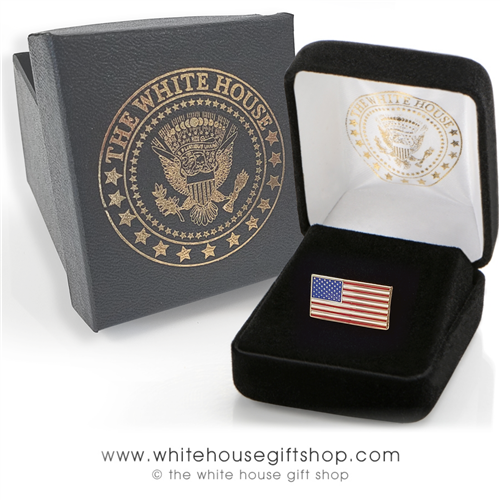 Premium quality made in USA American Flag pin, rectangle shape, 3/7 inch by 3/8 inch, gold and enamel finishes, fine clasping clutch, in custom White House jewelry box from original official White House Gift Shop.